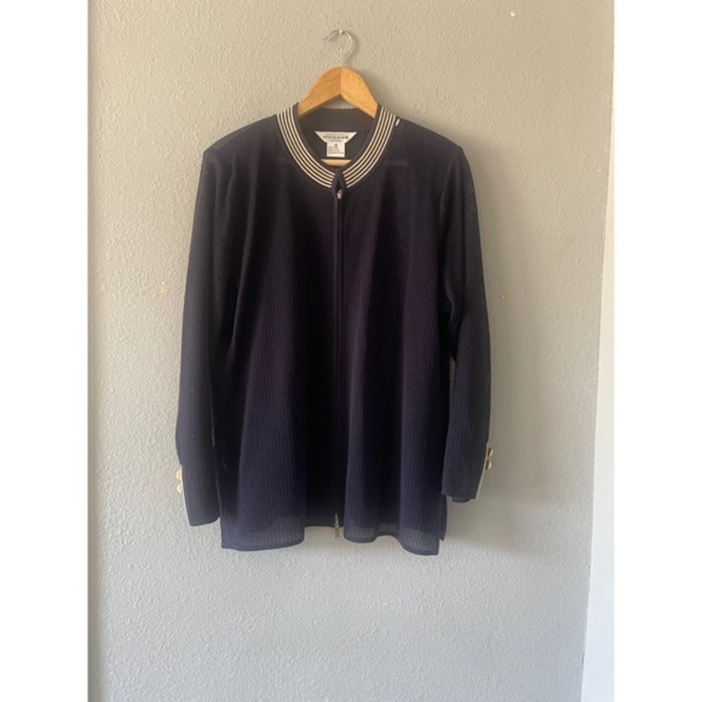 Misook Woman Navy Blue Mesh Knit Zip Up Jacket